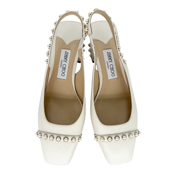 JIMMY CHOO Hya 45mm Faux Pearl Embellished Leather Pumps EU 38.5 US 8.5 Ivory - Picture 6 of 10